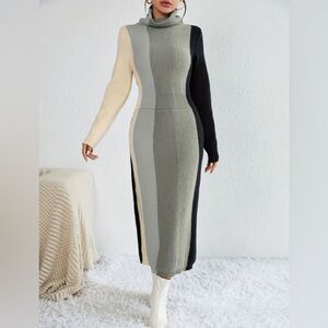 SHEIN Rib Knit Dress - Casual High Neck Long Sleeve Midi Dress, Size S / US 4